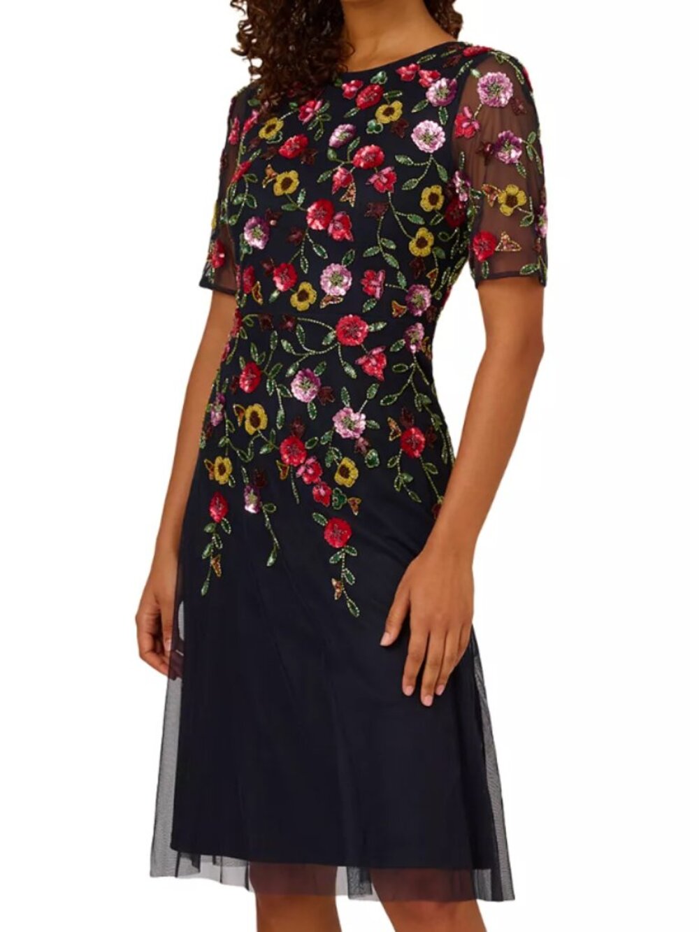 Adrianna Papell Women's Navy Embellished Mesh Dress Size 8 NWT